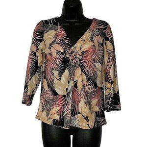 Caribbean Joe Leaf Print V-Neck Stretch Top Womens Size M Black/Pink